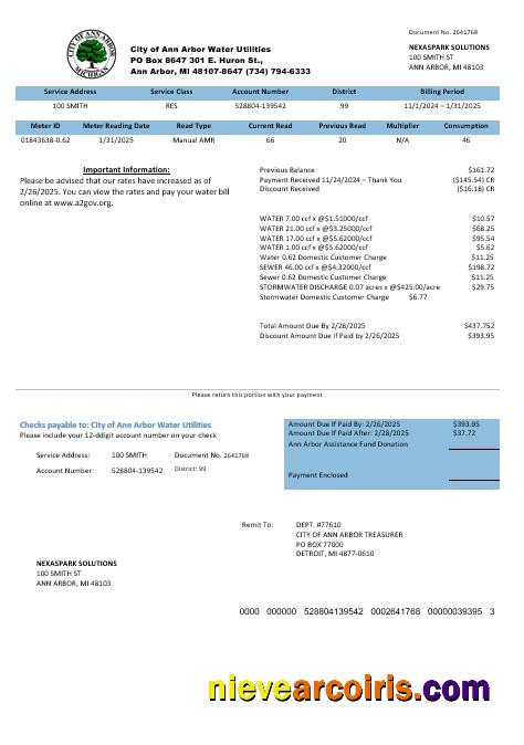 USA Michigan City of Ann Arbor Water Utilities business utility bill